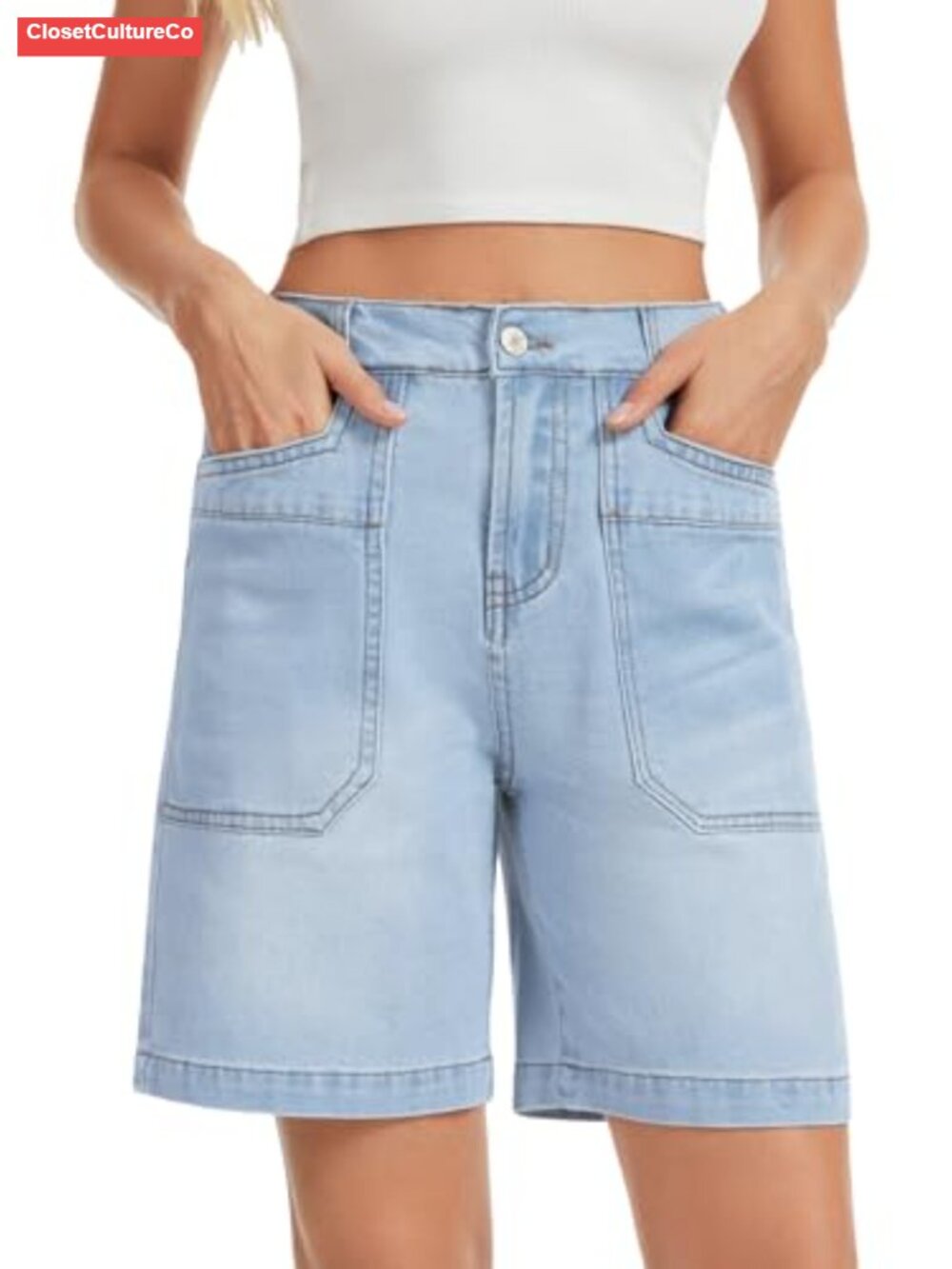 Women's High Waisted Bermuda Denim Shorts Cotton Blend Wide Leg